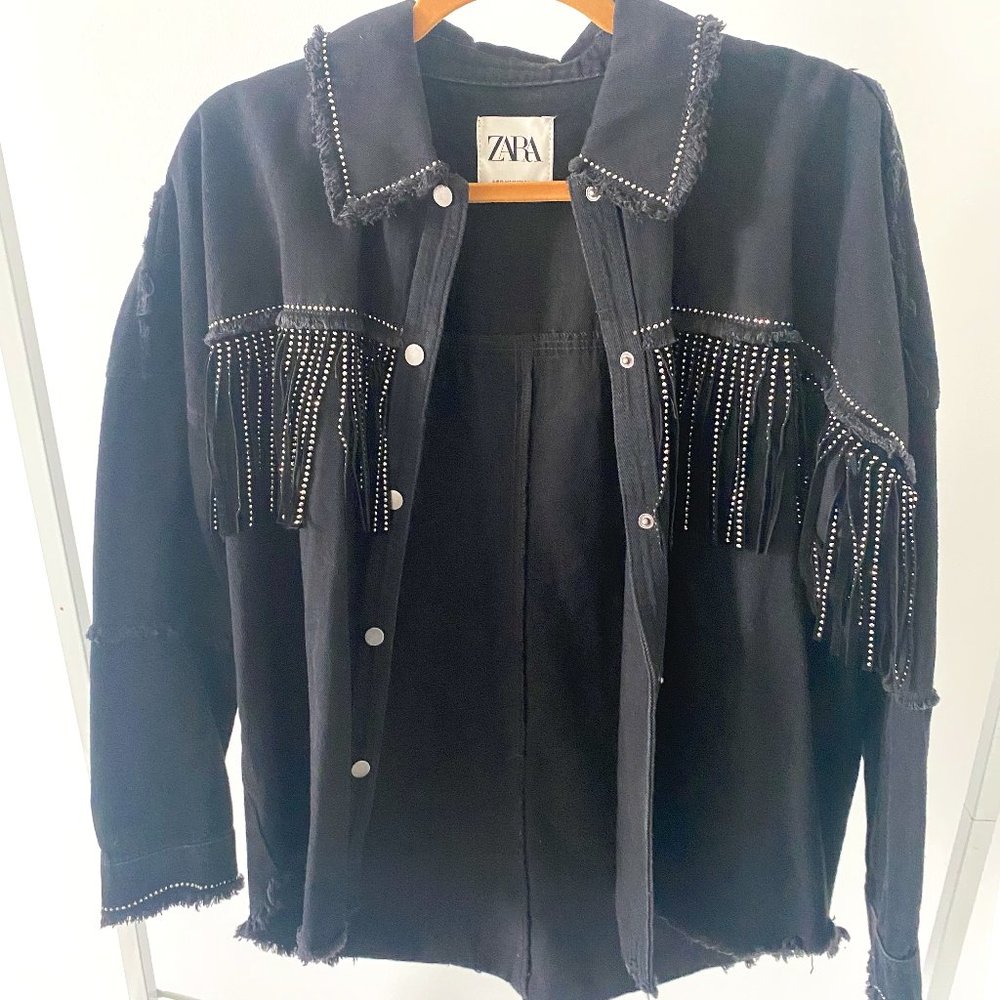Zara Oversized Fringe Black Shirt Jacket